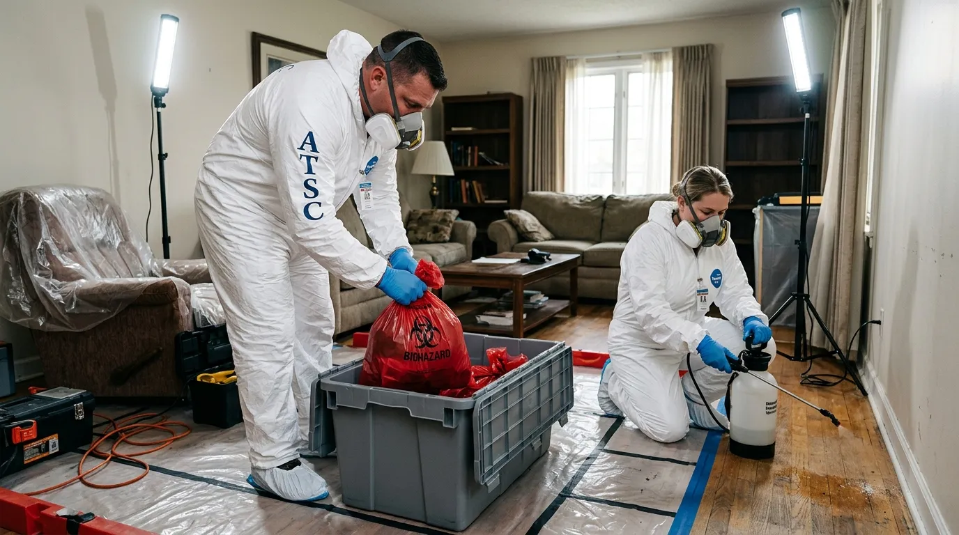 Professional Biohazard Cleanup technician in full PPE working in Wood River